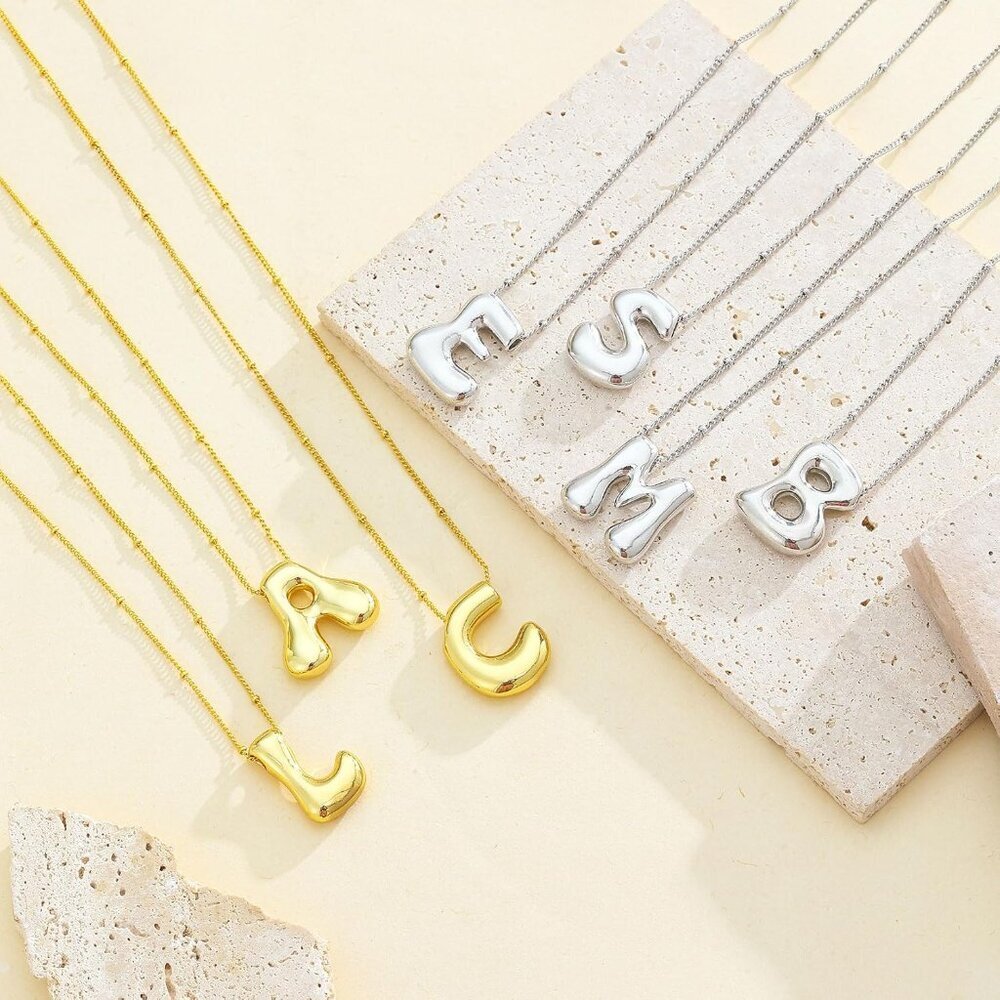 14k Gold Plated Bubble Letter Necklace 3d Initial Pendant With Beaded Chain Pers View 5